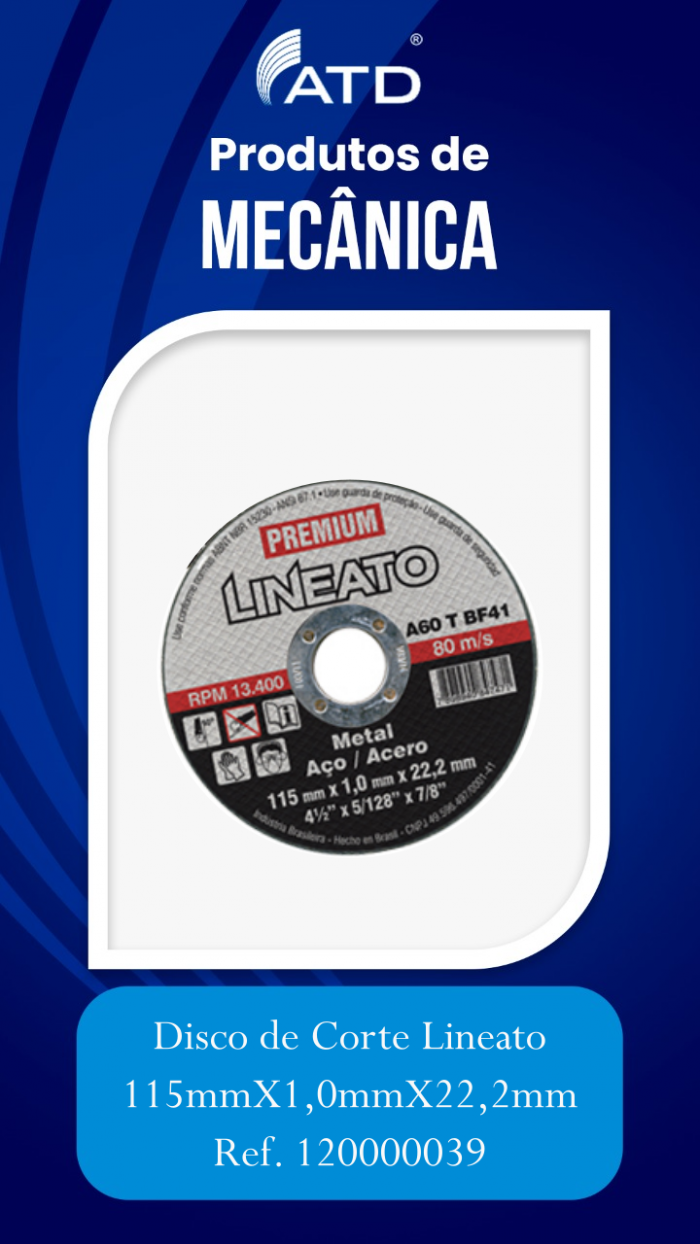 Disco de Corte Lineato 115mmX1,0mmX22,2mm