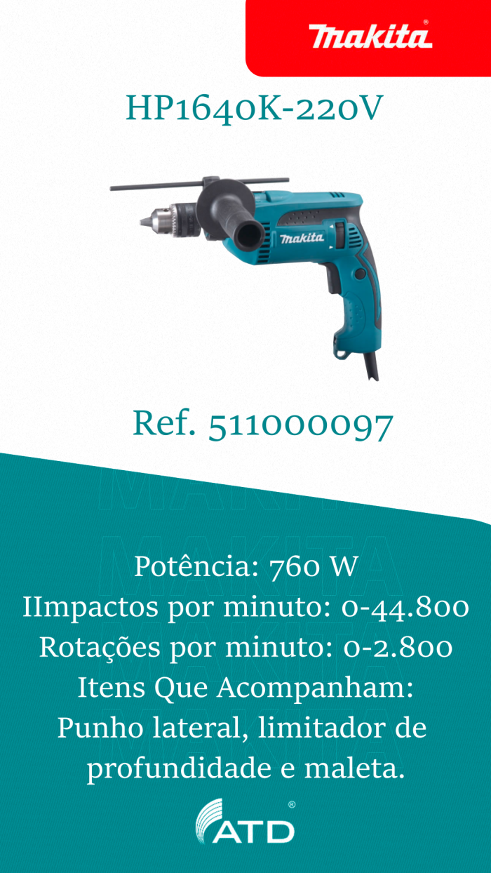 Furadeira de Impacto MAKITA HP1640K 220V