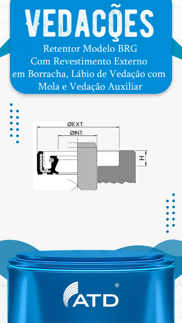 Retentor modelo BRG Com Revestimento Externo em Borracha, Lábio com Mola e Vedação Auxiliar - Imagem 2